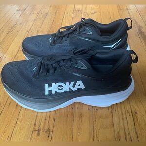 HOKA One Bondi men’s black sneakers. Size US 12.5, wide fit.